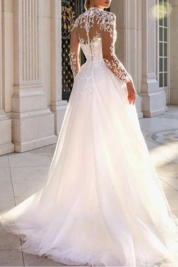 Tulle Lace High Neck Long Sleeves Aline Floor Length Wedding Dress With Appliques Long Bridal Gown