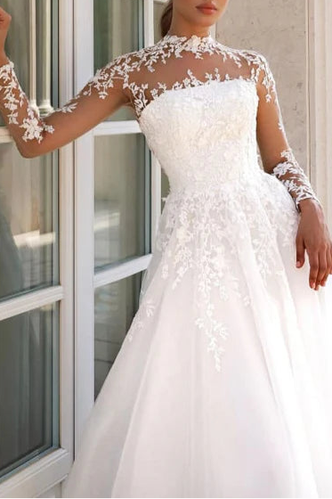 Tulle Lace High Neck Long Sleeves Aline Floor Length Wedding Dress With Appliques Long Bridal Gown
