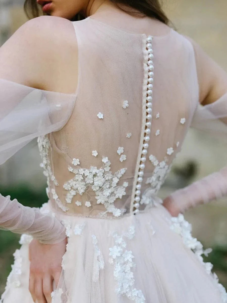 Tulle Off-The-Shoulder Long Illusion Sleeves Covered Button Back Long Wedding Dress With Appliques