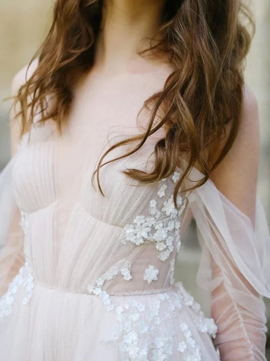 Tulle Off-The-Shoulder Long Illusion Sleeves Covered Button Back Long Wedding Dress With Appliques