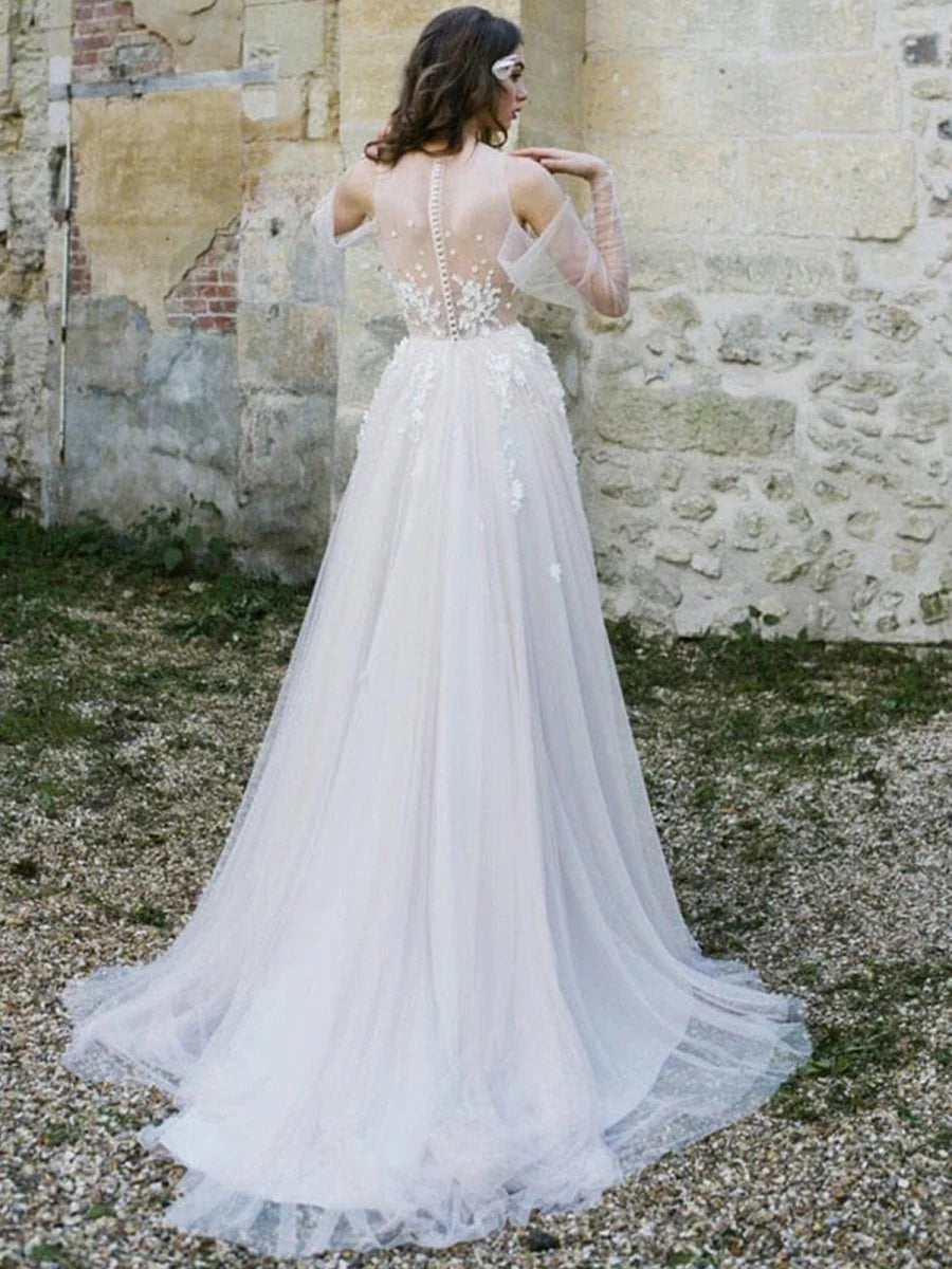 Tulle Off-The-Shoulder Long Illusion Sleeves Covered Button Back Long Wedding Dress With Appliques