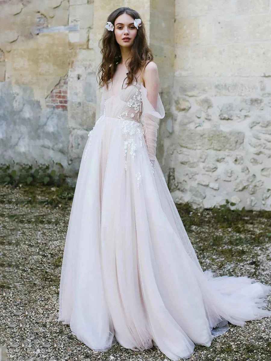Tulle Off-The-Shoulder Long Illusion Sleeves Covered Button Back Long Wedding Dress With Appliques