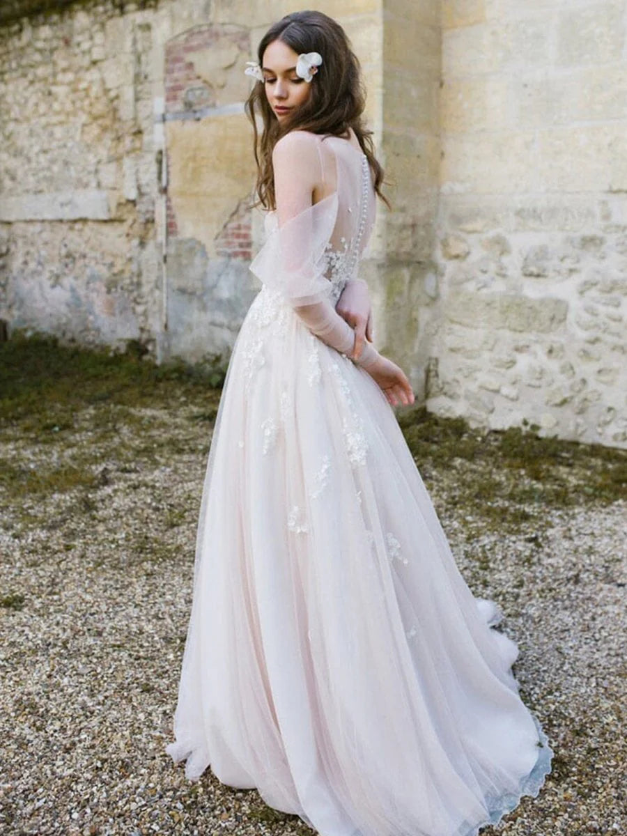 Tulle Off-The-Shoulder Long Illusion Sleeves Covered Button Back Long Wedding Dress With Appliques