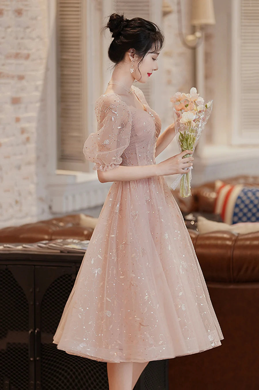 Tulle Sweetheart Neck Short Sleeves Short A-Line Homecoming Dress Prom Dress