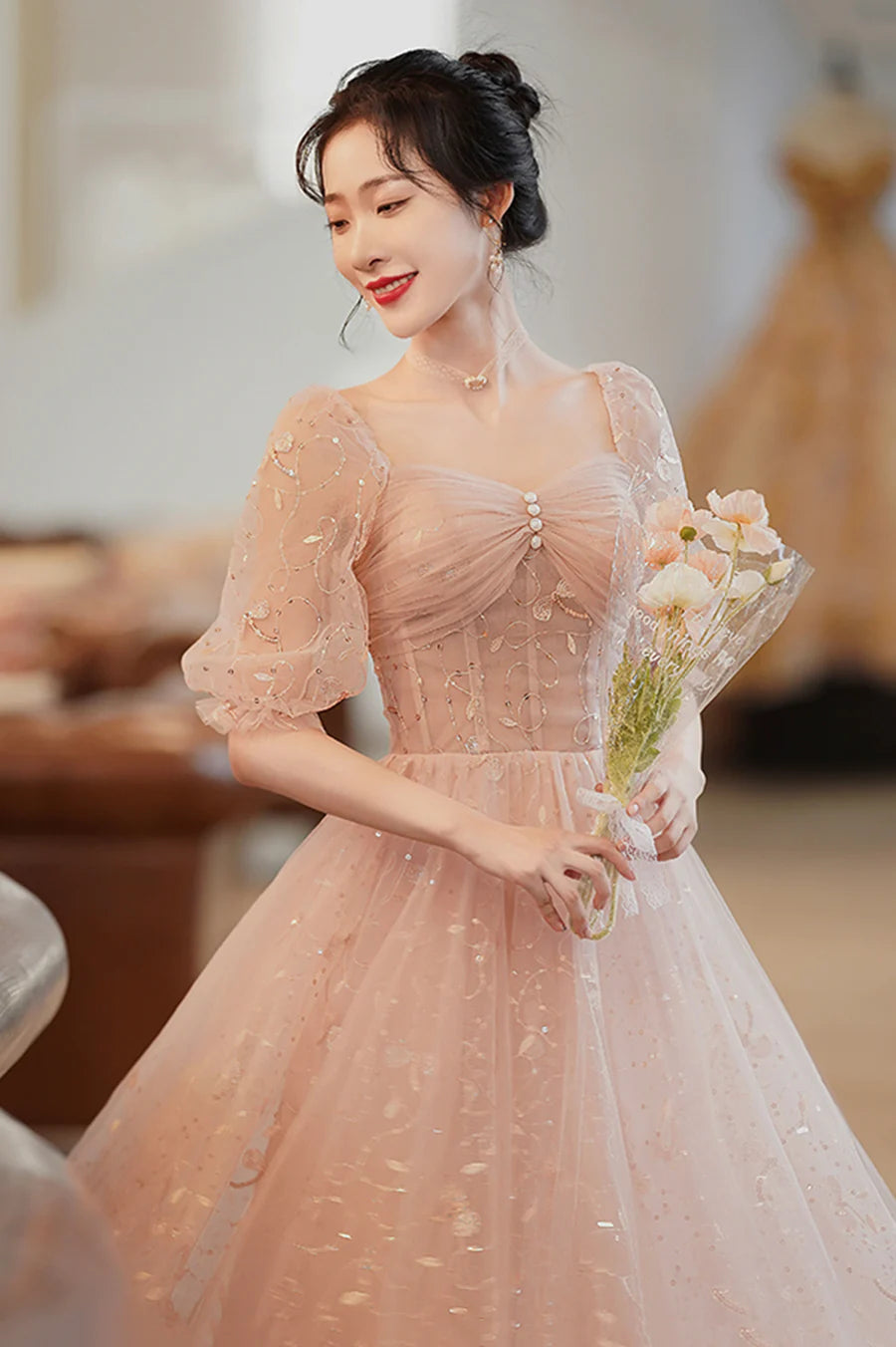 Tulle Sweetheart Neck Short Sleeves Short A-Line Homecoming Dress Prom Dress