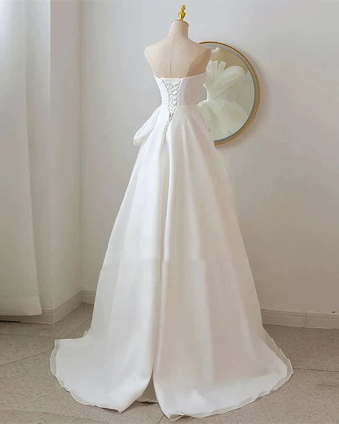 Tulle White Long A-line Strapless Evening Dress Party Dress Wedding Party Dress