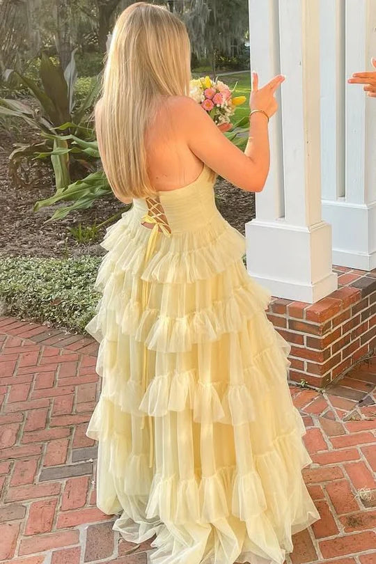 Tulle Yellow Strapless A-Line Ruffle Tulle Sleeveless Long Prom Dress