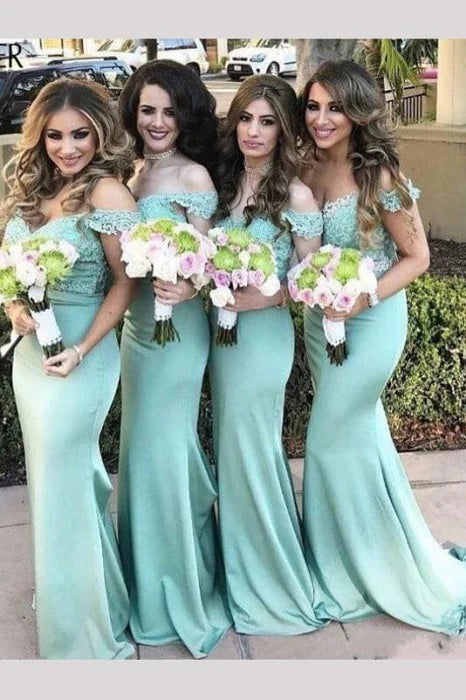 Turquoise Floral Lace V Neck Off the shoulder Mermaid Long Bridesmaid Dress With Train