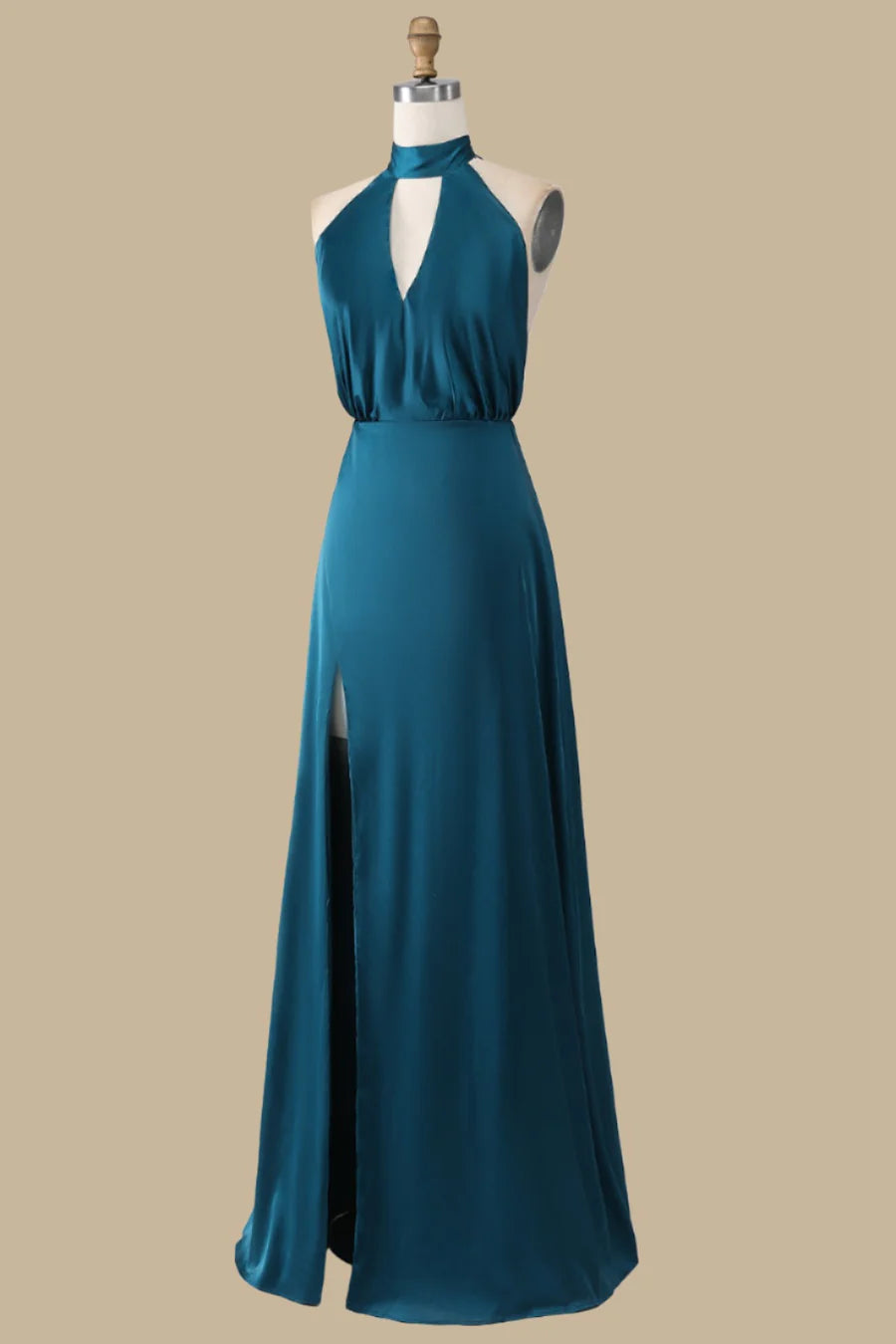 Turquoise Halter Cutout Blouson-Style Side Slit Maxi Dress Bridesmaid Dresses