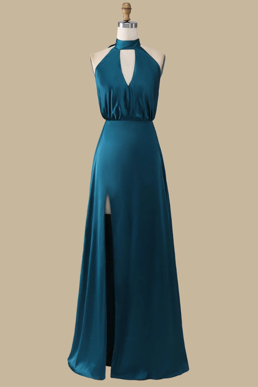 Turquoise Halter Cutout Blouson-Style Side Slit Maxi Dress Bridesmaid Dresses