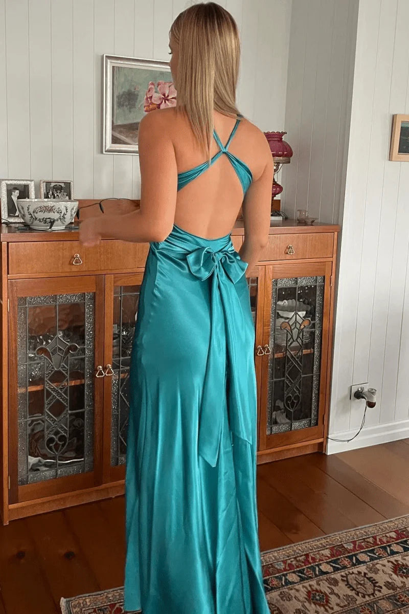 Turquoise Satin Halter V-Neck Cross-Strap Back Pleated Sleeveless Long Prom Dress Party Dress