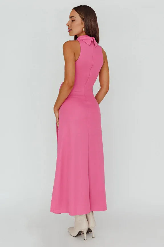 Turtle Neck Sleeveless Tie Pink Midi Evening Dress With Slit For Women
