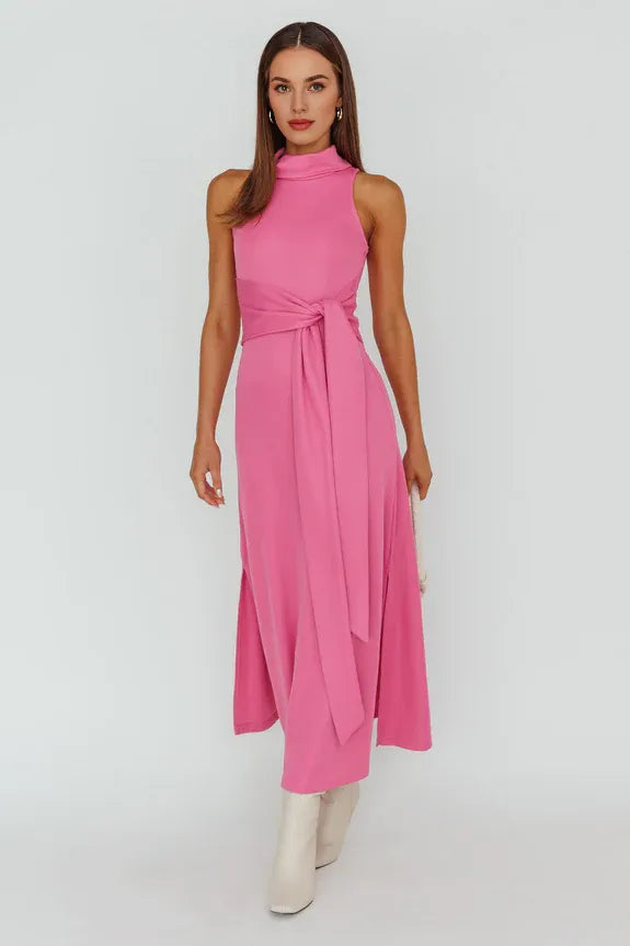 Turtle Neck Sleeveless Tie Pink Midi Evening Dress With Slit For Women