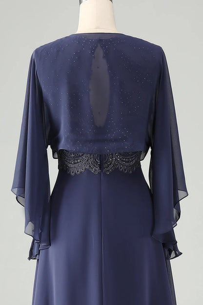 Twilight Beaded Applique Hollow Round Neck A Line Long Mother of Bride Dress With Shawl