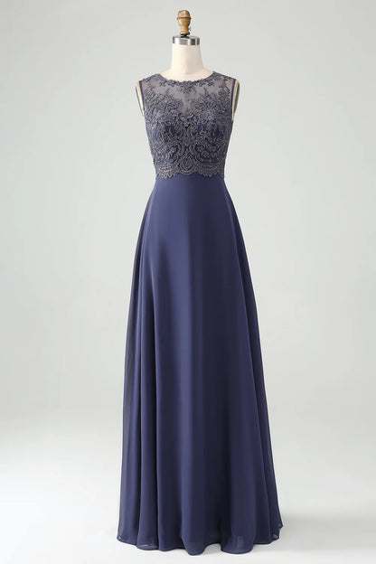 Twilight Beaded Applique Hollow Round Neck A Line Long Mother of Bride Dress With Shawl