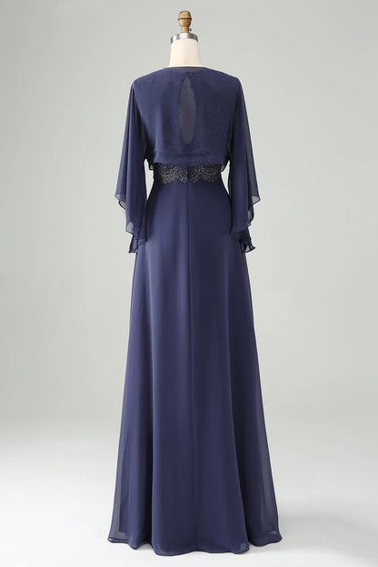 Twilight Beaded Applique Hollow Round Neck A Line Long Mother of Bride Dress With Shawl
