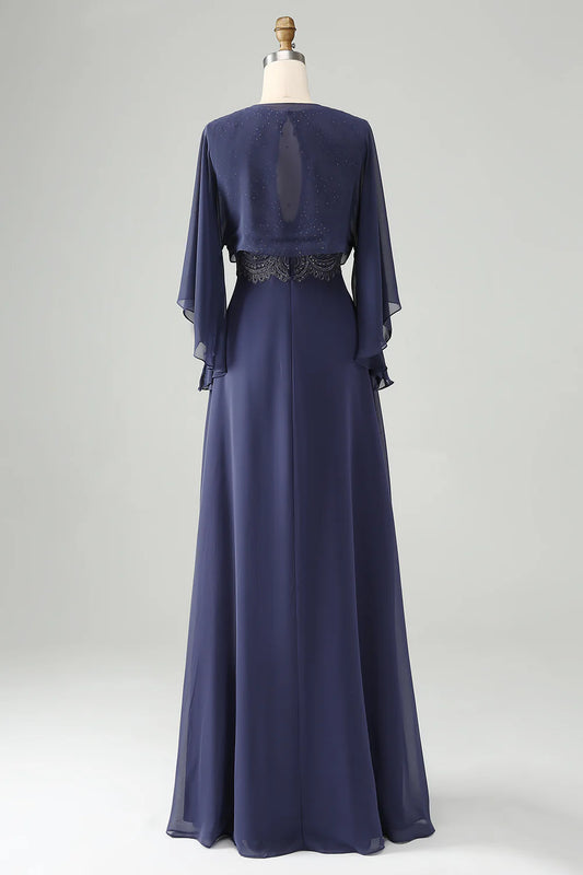 Twilight Beaded Applique Hollow Round Neck A Line Long Mother of Bride Dress With Shawl