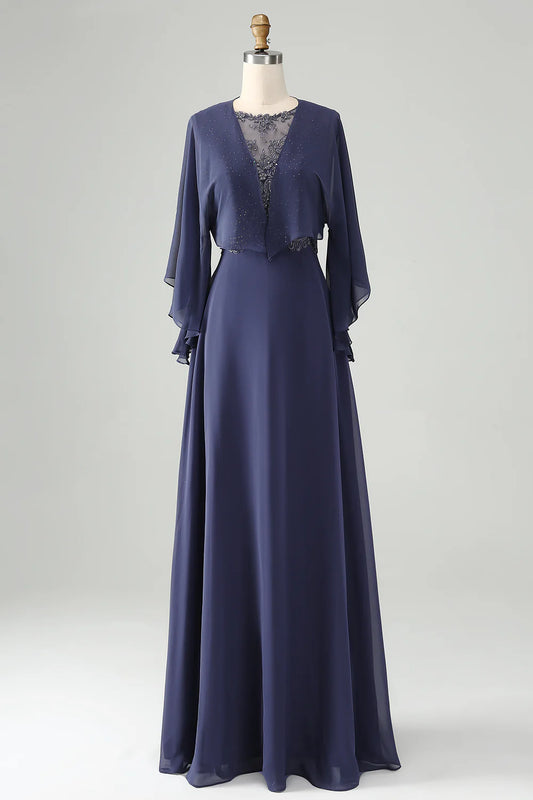 Twilight Beaded Applique Hollow Round Neck A Line Long Mother of Bride Dress With Shawl