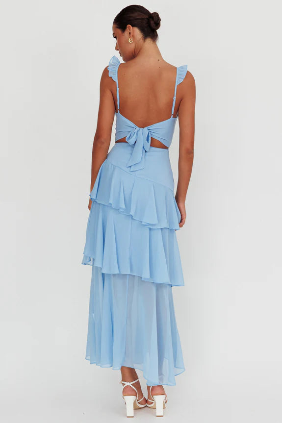 Twist Neckline Ruffle Strap Split Blue Maxi Homecoming Dress Prom Dress