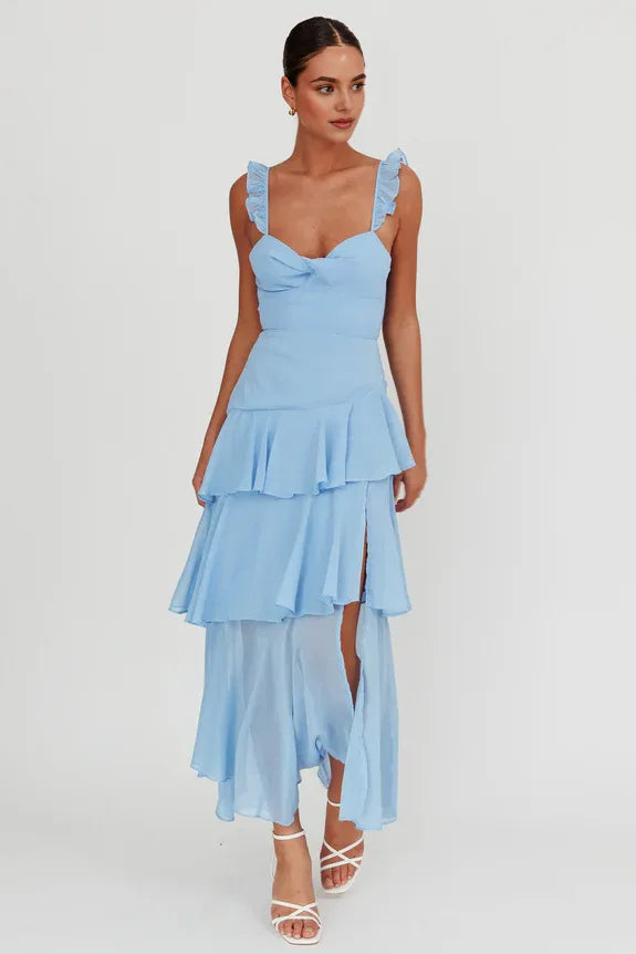 Twist Neckline Ruffle Strap Split Blue Maxi Homecoming Dress Prom Dress