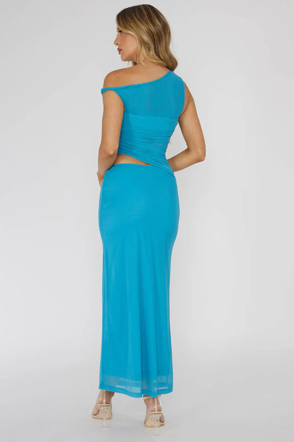 Twist Strap Cut-out Ruched Bodice Mesh Ocean Midi Evening Dress