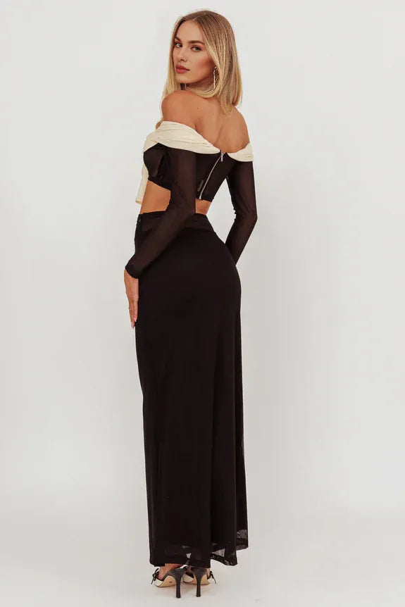 Two-Piece Off-the-Shoulder Long Sleeves Mesh Black Maxi Evening Gown