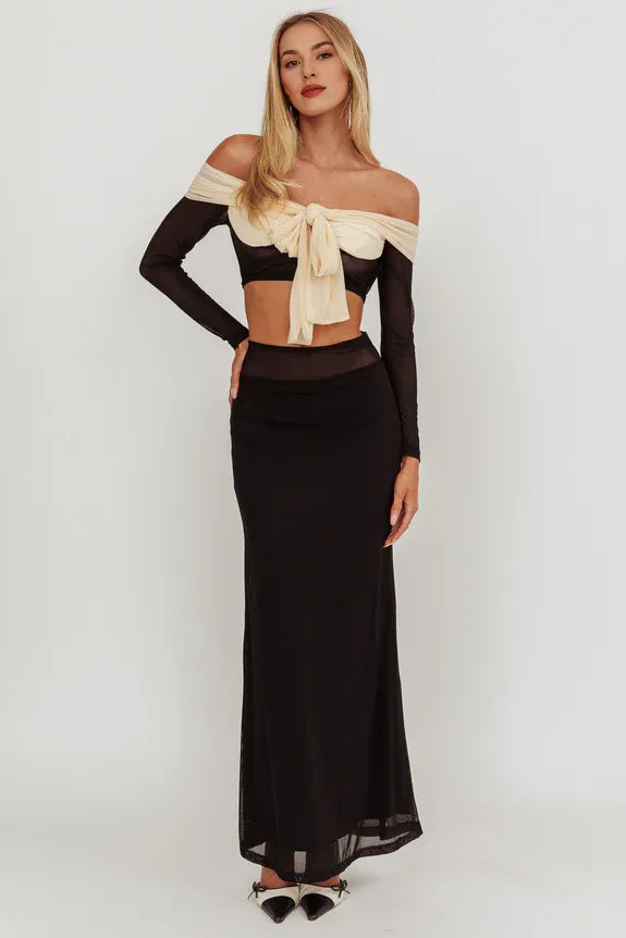 Two-Piece Off-the-Shoulder Long Sleeves Mesh Black Maxi Evening Gown