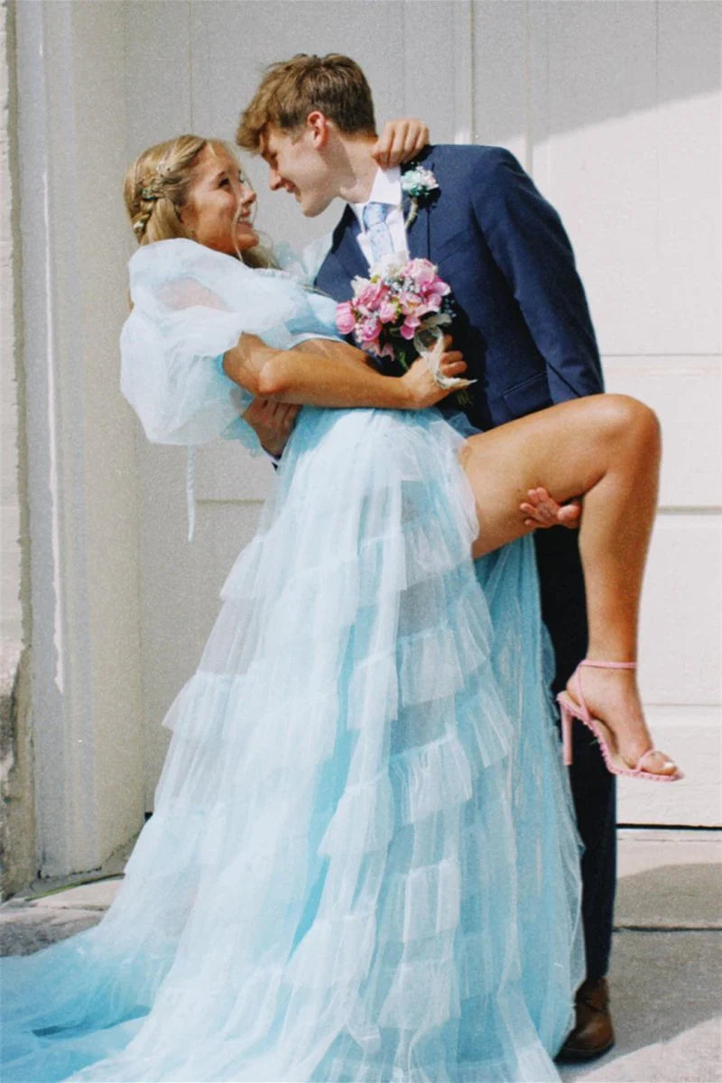 Two-Piece Semi-Sweetheart Slit Tulle Pink Prom Dress With Court Train