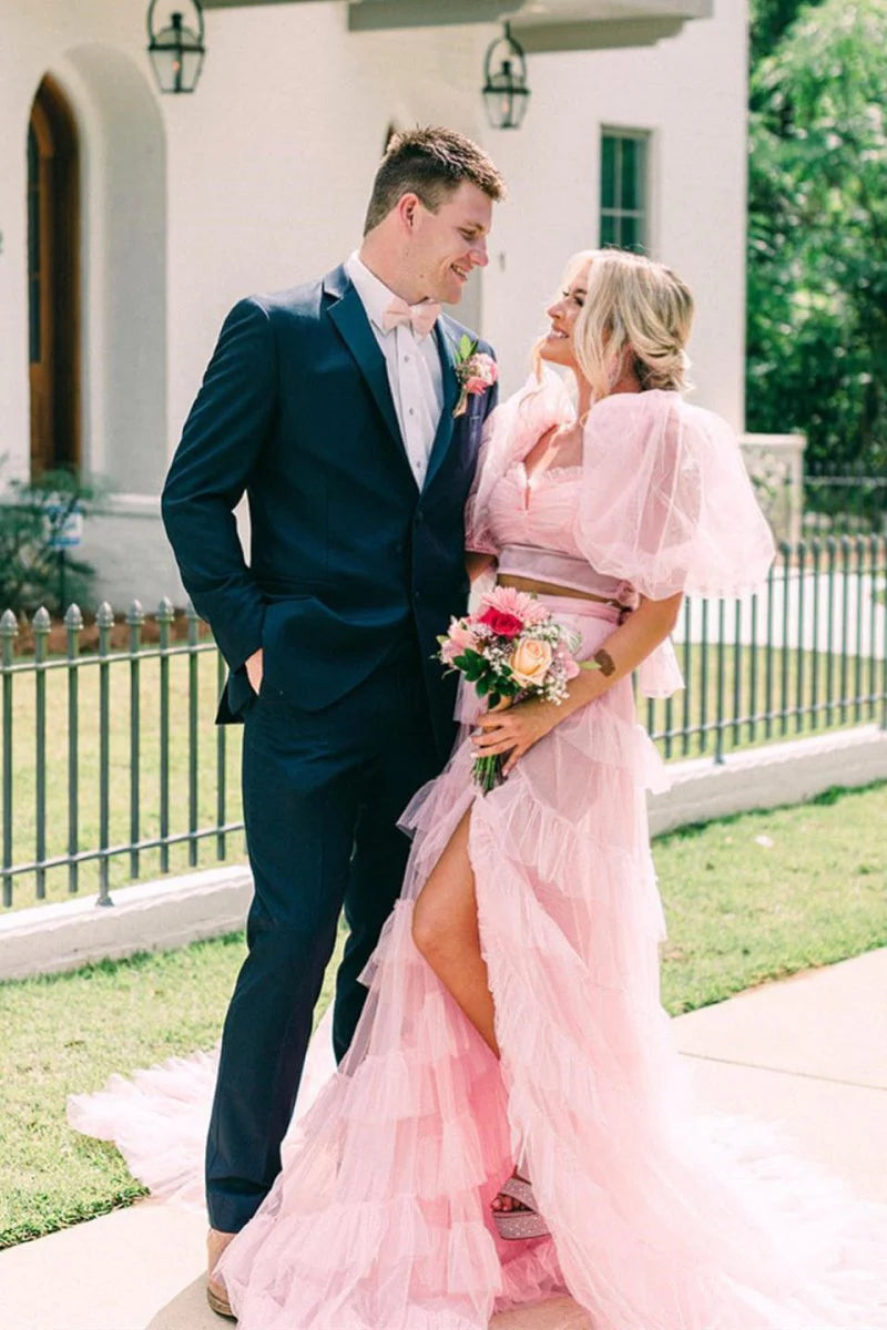 Two-Piece Semi-Sweetheart Slit Tulle Pink Prom Dress With Court Train