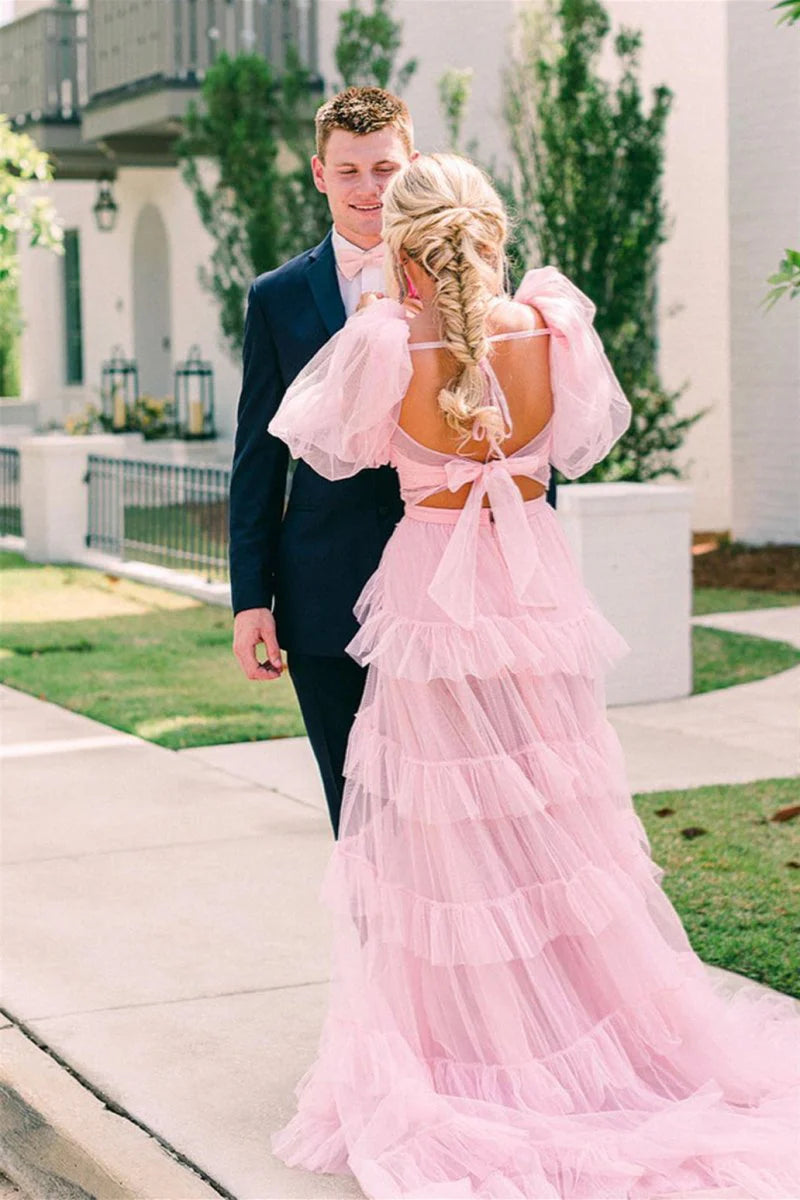 Two-Piece Semi-Sweetheart Slit Tulle Pink Prom Dress With Court Train