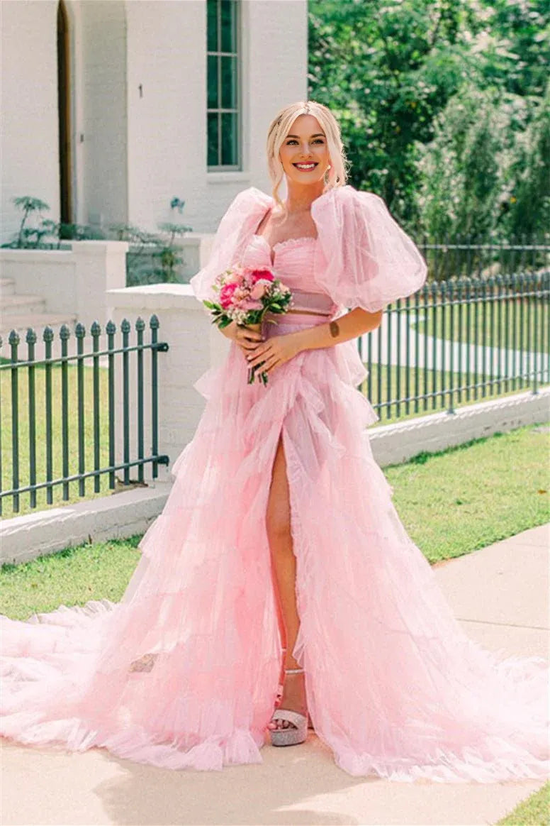 Two-Piece Semi-Sweetheart Slit Tulle Pink Prom Dress With Court Train