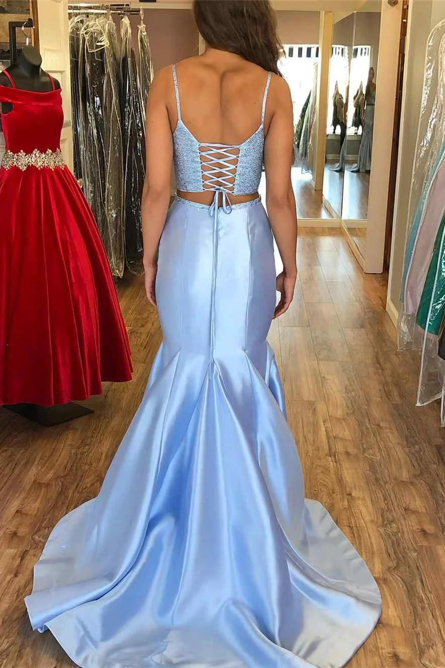 Two-Piece Spaghetti Straps Sequins Satin Light Blue Long Evening Dress