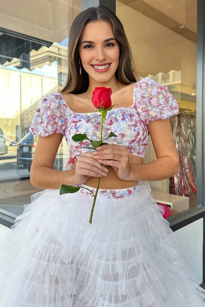 Two-Piece Square Neck Short Sleeves Sequins Ruffles Tiered Tulle Prom Dress