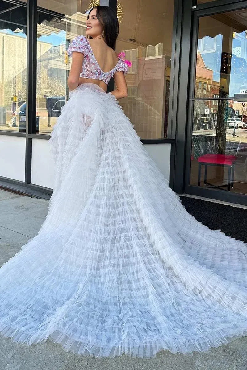 Two-Piece Square Neck Short Sleeves Sequins Ruffles Tiered Tulle Prom Dress