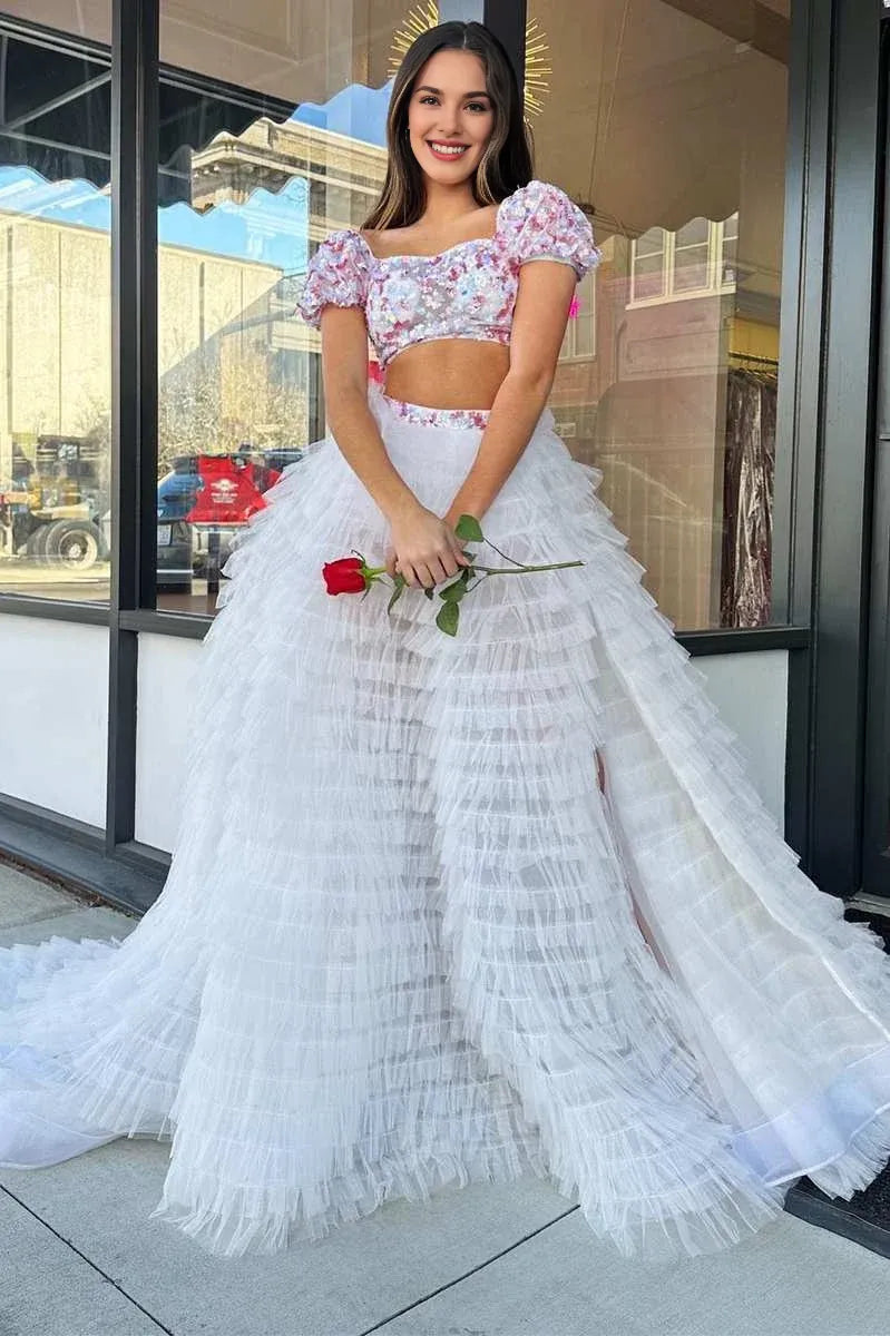 Two-Piece Square Neck Short Sleeves Sequins Ruffles Tiered Tulle Prom Dress