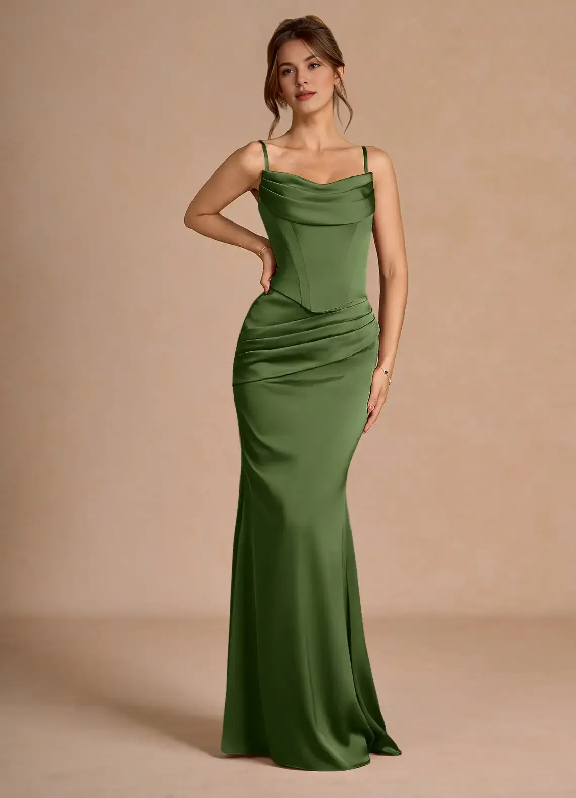 Two-Piece Strapless Corset Pleated Olive Green Evening Gown With Streamer