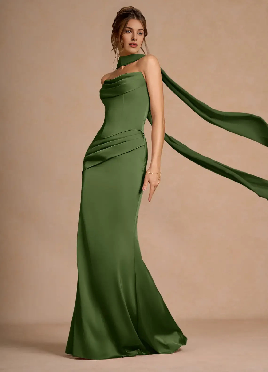 Two-Piece Strapless Corset Pleated Olive Green Evening Gown With Streamer