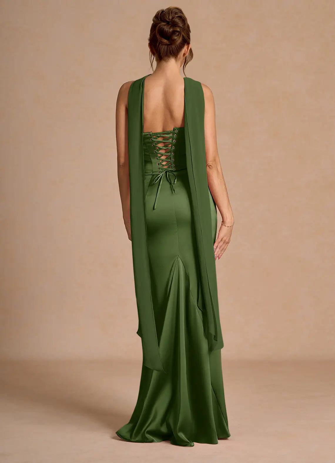 Two-Piece Strapless Corset Pleated Olive Green Evening Gown With Streamer
