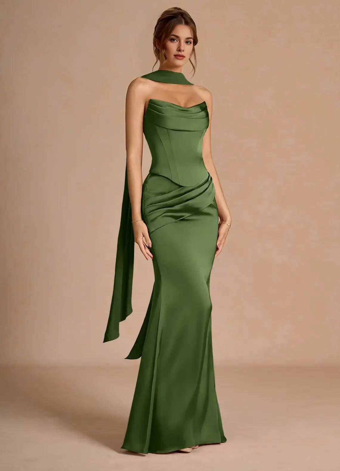 Two-Piece Strapless Corset Pleated Olive Green Evening Gown With Streamer