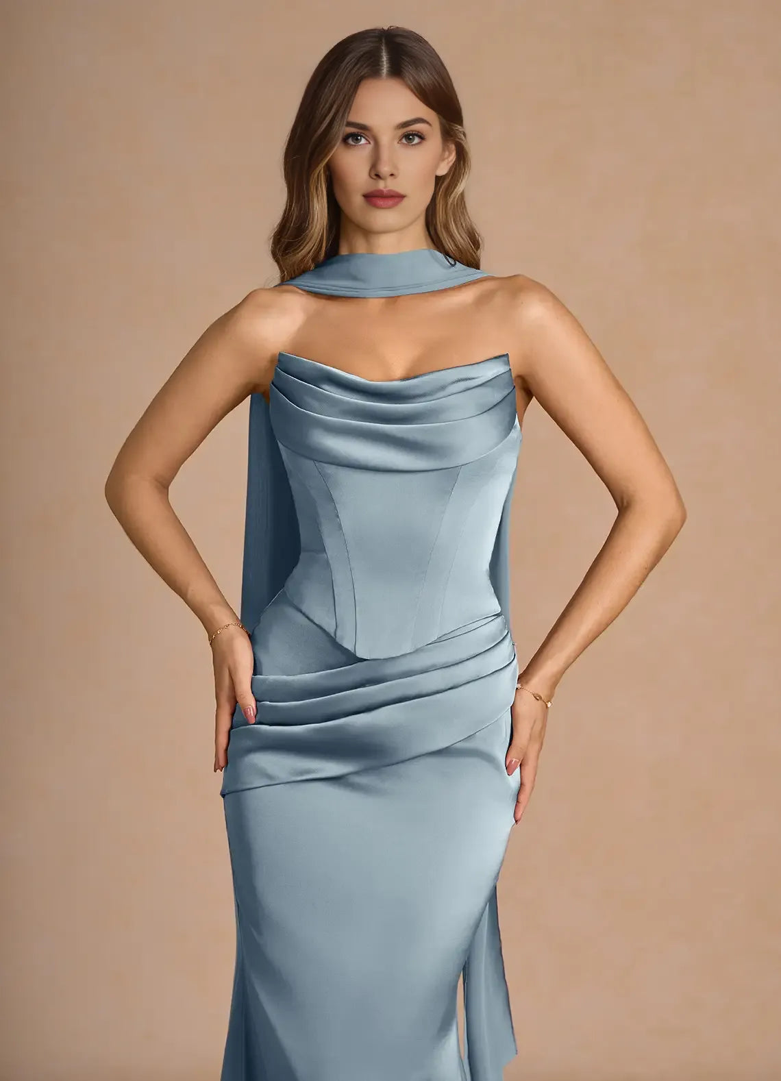 Two-Piece Strapless Corset Pleated Powder Blue Evening Gown With Streamer