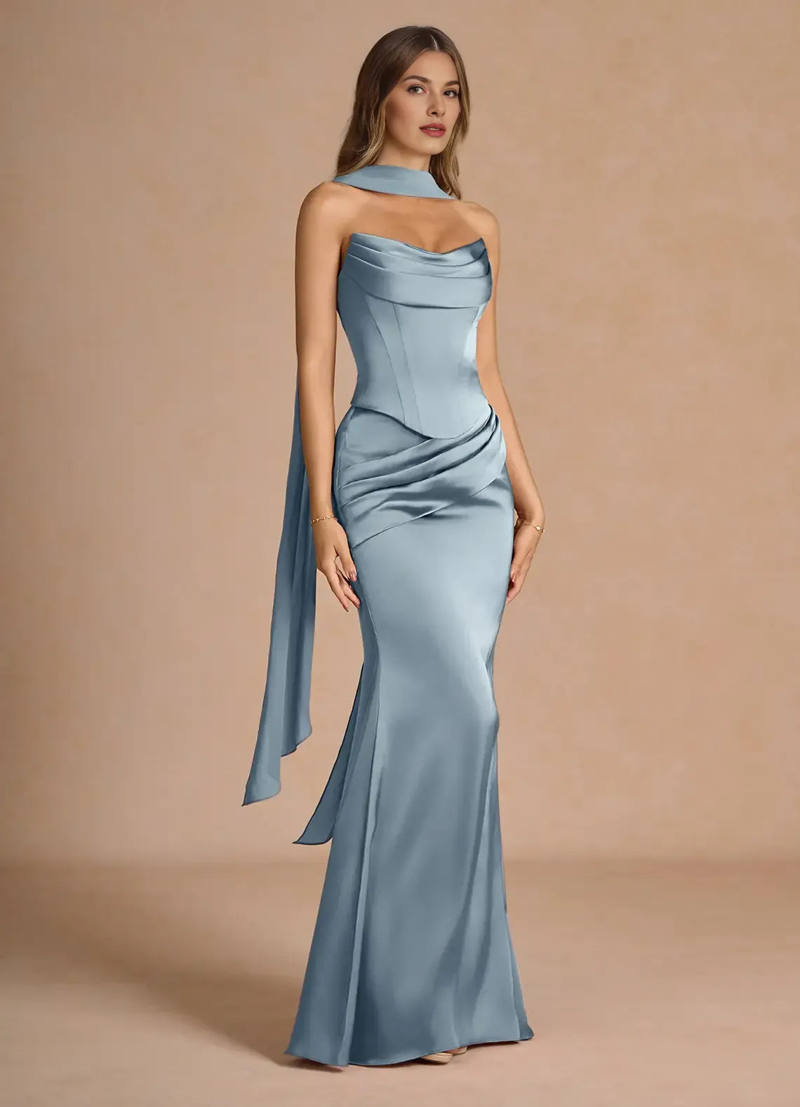Two-Piece Strapless Corset Pleated Powder Blue Evening Gown With Streamer