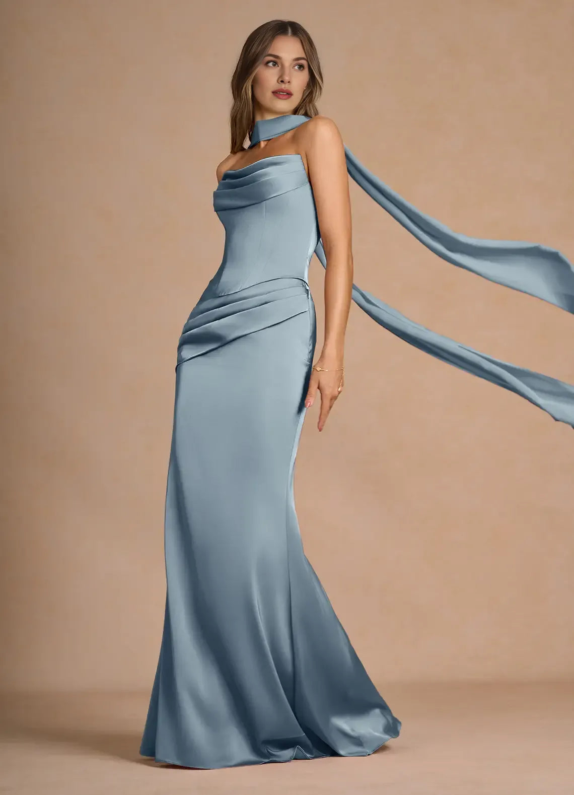 Two-Piece Strapless Corset Pleated Powder Blue Evening Gown With Streamer
