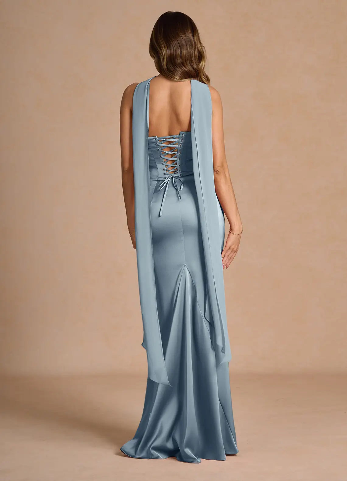 Two-Piece Strapless Corset Pleated Powder Blue Evening Gown With Streamer