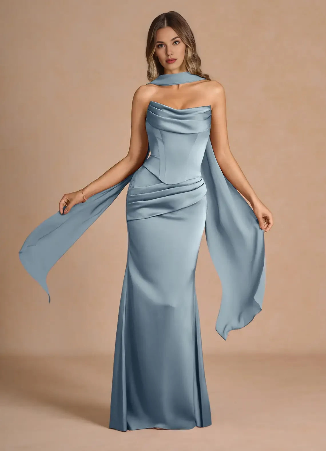 Two-Piece Strapless Corset Pleated Powder Blue Evening Gown With Streamer