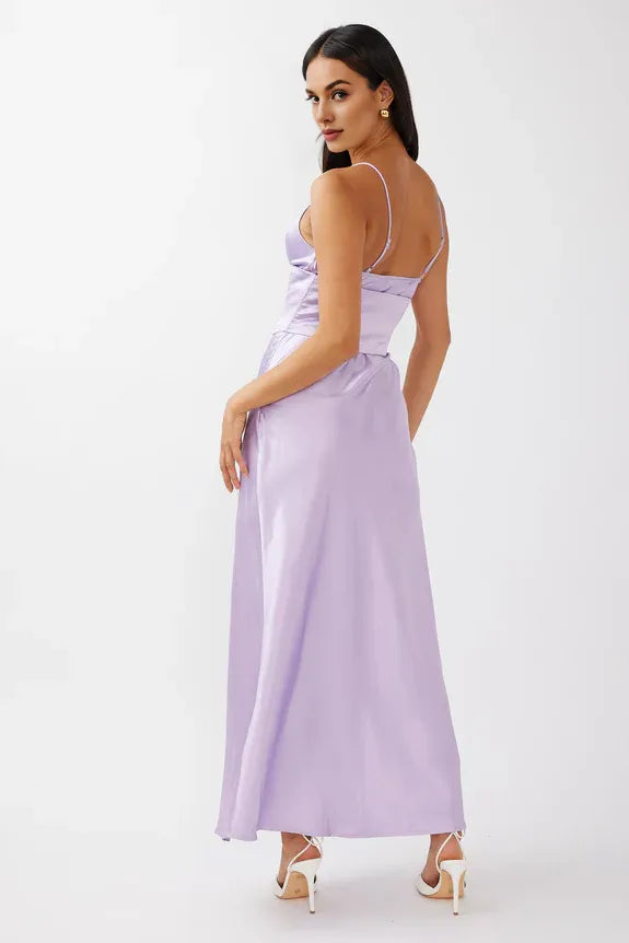 Two-Piece V Neck Cami Strap Corset Waist Satin Lilac Evening Dress