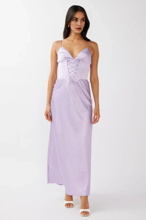 Two-Piece V Neck Cami Strap Corset Waist Satin Lilac Evening Dress