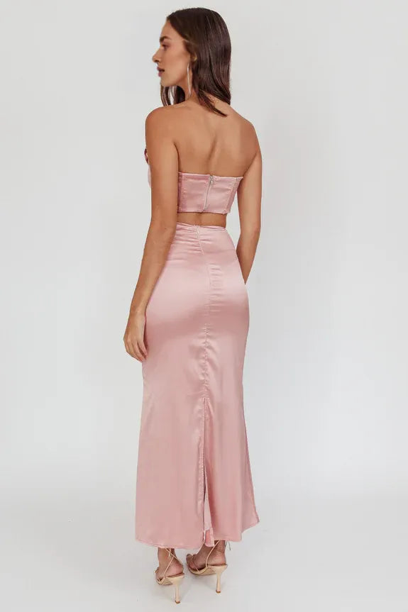 Two-piece Strapless Rosette Satin Mauve Maxi Evening Skirt With Slit