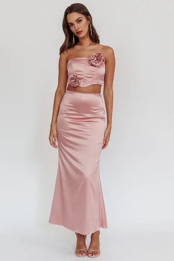 Two-piece Strapless Rosette Satin Mauve Maxi Evening Skirt With Slit