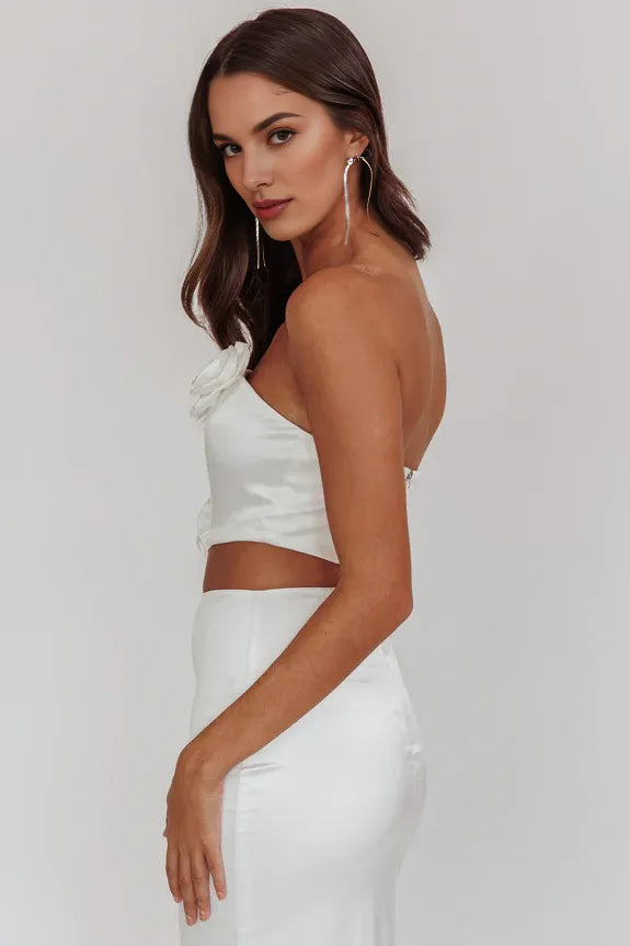 Two-piece Strapless Rosette Satin Oyster Maxi Evening Skirt With Slit