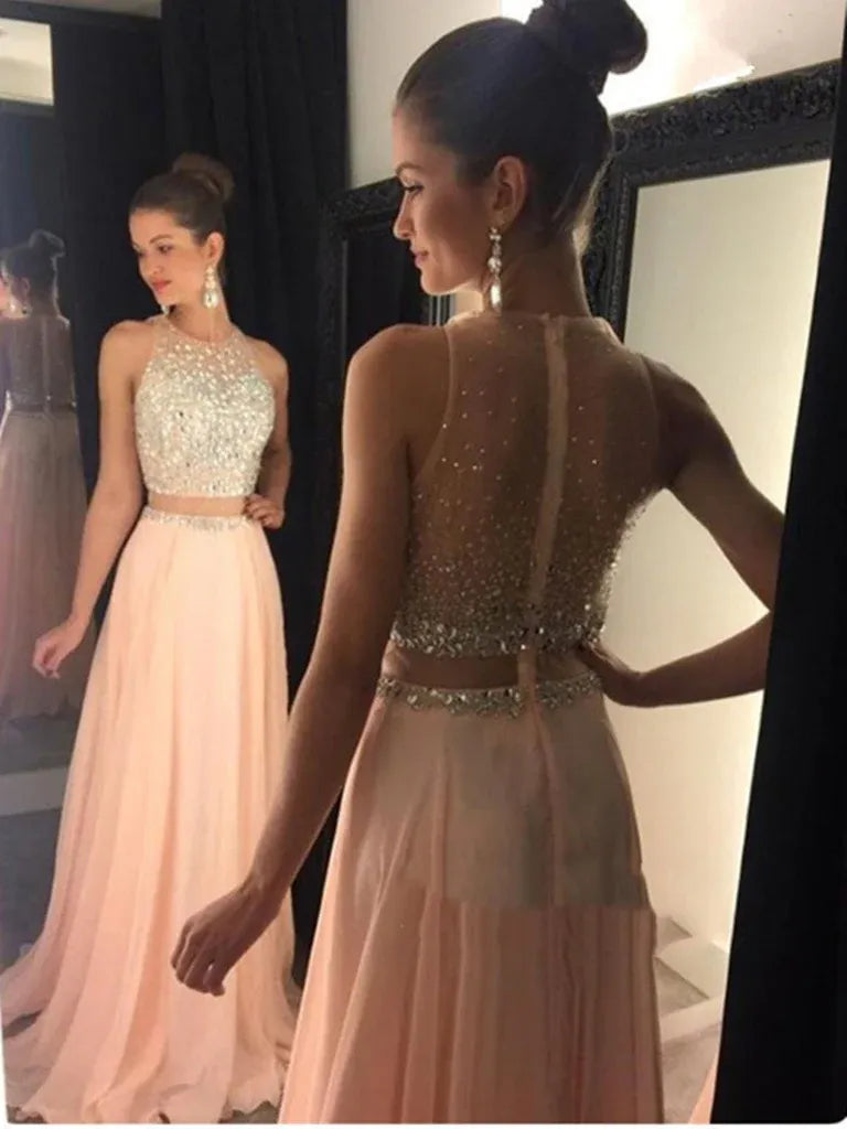 Two Piece A-Line Round Neck Beaded Chiffon Blush Floor Length Prom Dress